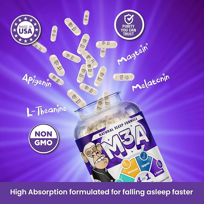 M3A Sleep Support - Magtein, Apigenin Melatonin with L-Theanine - 90 Capsules - 2 Pack - Premium 4-in-1 Non-Habit Forming Natural Sleep Aid - Restful Nights and Refreshing Mornings by Bored Nutrition