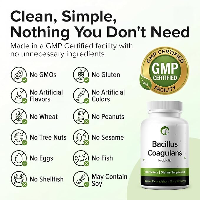 Bacillus Coagulans Probiotic 240 Tablets (4 Month Supply) - 3 Billion CFU Researched Strain BC99 - Supports Digestive Health & Gut Comfort – GMP Certified (240, Bacillus Coagulans)