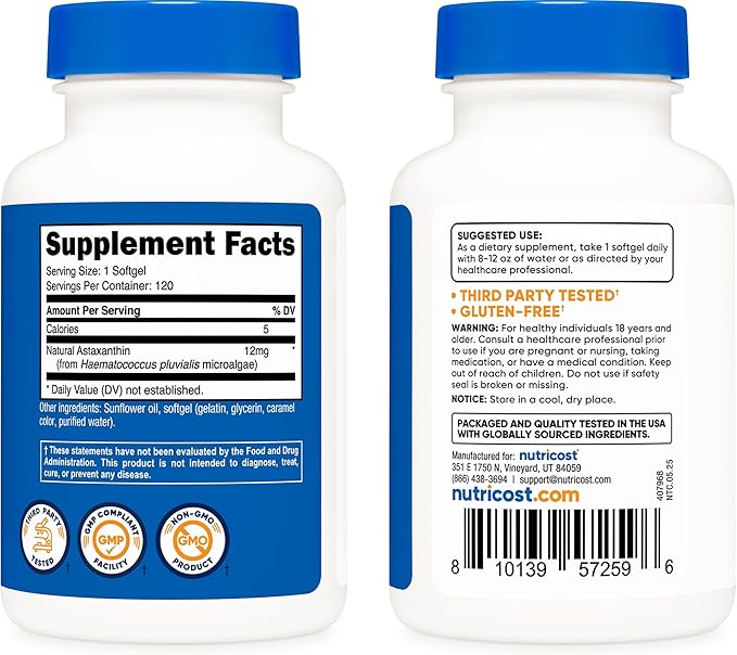 Nutricost Astaxanthin 12mg, Non-GMO and Gluten Free, 120 Softgels (4 Month Supply)