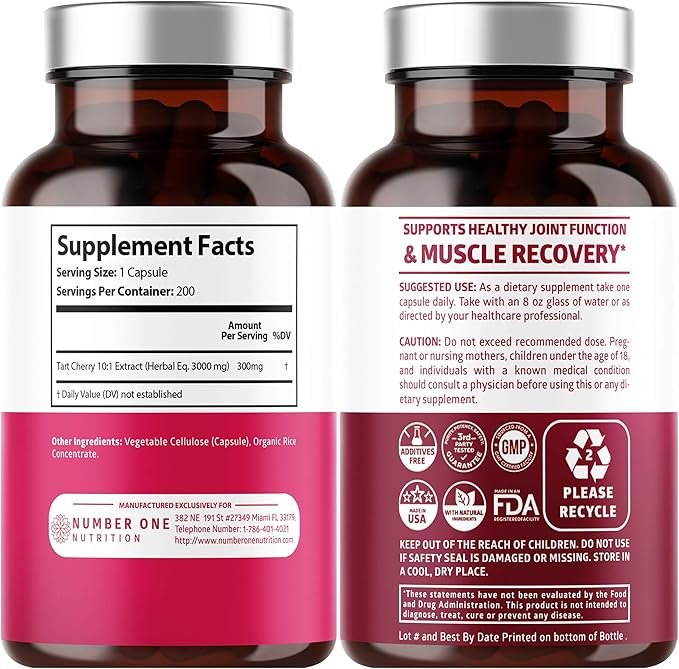N1N Premium Tart Cherry Extract Capsules, 200 Veg Caps, 3000 mg, Powerful Antioxidant, Joint Health and Mobility, Non-GMO, Gluten Free, 200 Veggie Caps