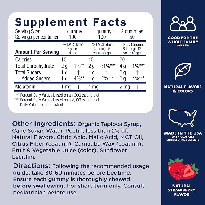 Mommy's Bliss Kids Sleep Melatonin Gummies, Non Habit-Forming with No Artificial Colors, Flavors or Gelatin - Age 3 Years+ - Strawberry Flavor - 100 Sleep Gummies