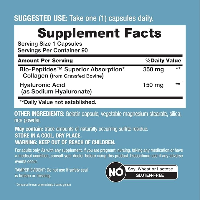 NeoCell Collagen Peptides Capsules | 90 Count | Plus Hyaluronic Acid | Skin Hydration | Superior Absorption | Advanced Grass Fed Formula Supplement | for Women and Men