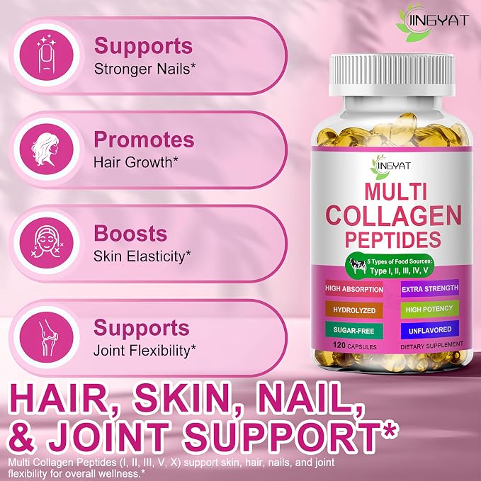 Multi Collagen Peptides Softgels - Hydrolyzed Collagen Peptides For Women & Men with Vitamin C Hyaluronic Acid - High Absorption Collagen Complex for Skin Hair Nail & Joint - Type I, II, III, V, X