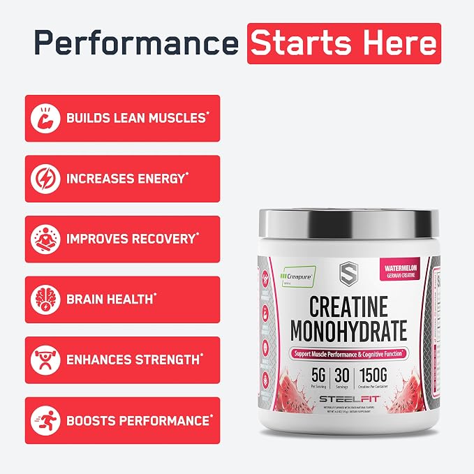 SteelFit Creapure Pure Creatine Monohydrate Powder for Men & Women, Watermelon - Flavored Creatine Gym Workout Supplements for Lean Muscle Gain, Brain Health & Strength Building - 30 Servings