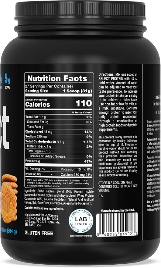 PEScience Select Protein Powder, Whey and Casein Blend, Lean Protein Powder for Women and Men, Low Calorie, Low Carb, Keto Friendly, Gluten Free, Snickerdoodle - 27 Servings