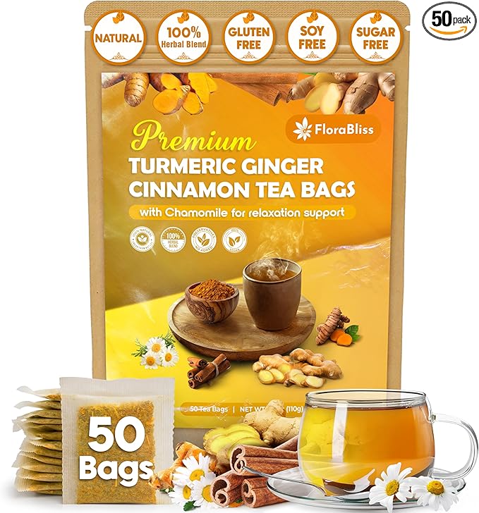 FloraBliss 50 Bags Premium Turmeric, Ginger, and Cinnamon Tea with Chamomile, Extra Strength 2.2g/Bag, 100% Natural, Caffeine-Free, Vegan, Eco-Friendly, Supports Digestion, Relaxation