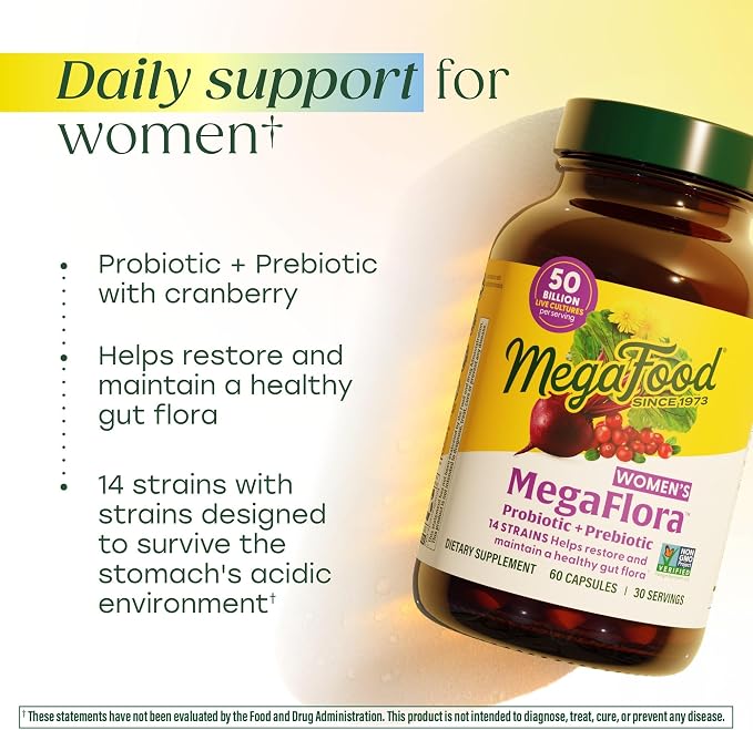 MegaFood MegaFlora Probiotics and Prebiotics for Women with 14 Strains & 50 Billion CFUs, Cranberry, Digestive Health, Vegetarian, Prebiotics and Probiotics for Women - 60 Capsules (30 Servings)