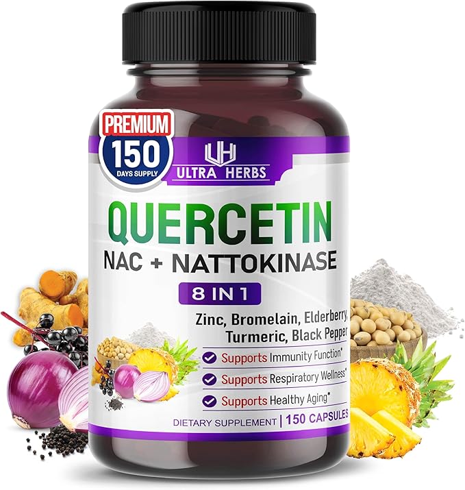 Quercetin Supplement with Bromelain, Vitamin C and Zinc, Nattokinase, NAC, Elderberry, Elderberry | 8 in 1 Ultra Antioxidant Complex for Immune Health | 150 Capsules