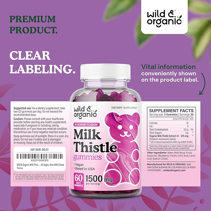 Wild & Organic Milk Thistle Gummies 1500 mg - Milk Thistle Supplement for Liver Cleanse Detox - Silymarin Liver Detox Gummies - 30 Days Supply - 60 Vegan, Non-GMO Chews