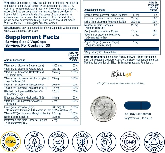 SOLARAY Liposomal Multivitamin Prenatal - Support for Mom & Baby with Prenatal Vitamins for Women, Folic Acid & Iron - High Potency, Gentle Digestion - 60-Day Guarantee - 30 Servings, 60 VegCaps