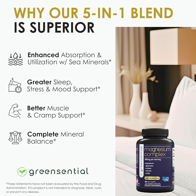Greensential 5-in-1 Magnesium Complex 500mg | Glycinate, Malate, Citrate, Oxide & Aquamin® | Advanced Sleep, Muscle & Heart Support | Made in USA, Vegan, 120 Capsules