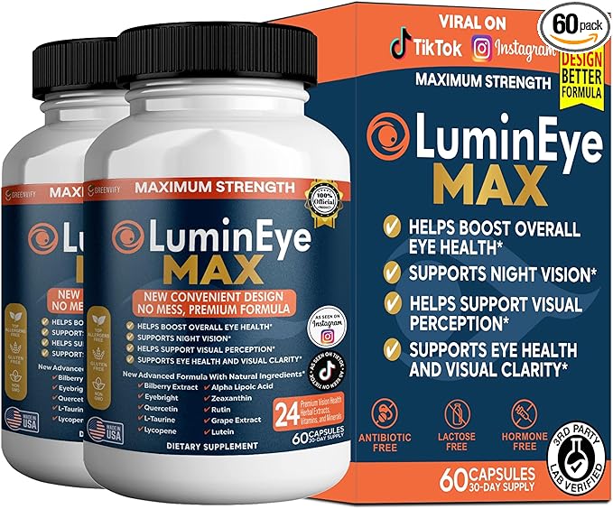 LuminEye MAX Eye Health Supplement, 60 Veggie Capsules, with Lutein, Bilberry Extract, 24 Premium Ingredients, Maximum Strength Vision Support (2)