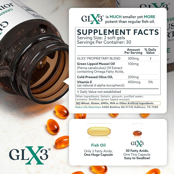 GLX3 Green Lipped Mussel Oil Capsules for Joint and Muscle Support | Extra-Strength ETA, EPA, DHA Omega-3 Green Lipped Mussel Supplement for Comfort, Flexibility & Recovery by HakaLife GLX3