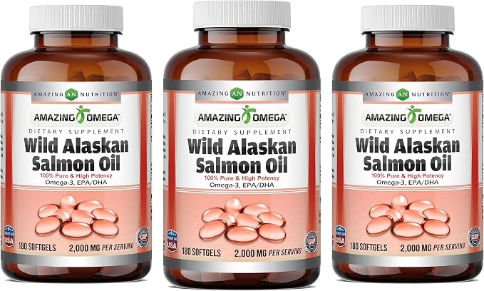 Amazing Omega Wild Alaskan Salmon Oil 2000 Mg Supplement | Softgels | Non-GMO | Gluten-Free | Made in USA (3 Pack | 180 Count)