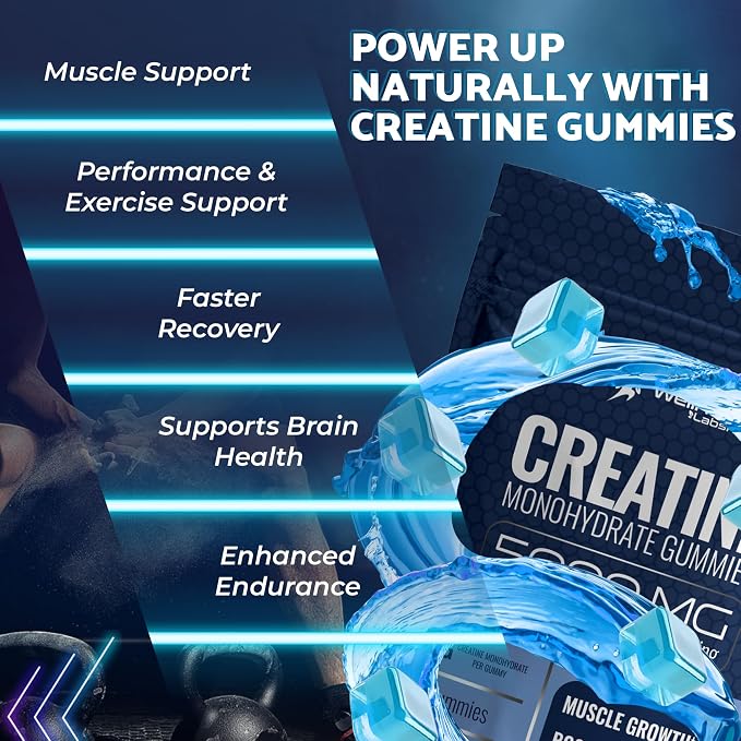 Creatine Gummies 5000mg, 30 Servings Creatine Monohydrate Gummies - Third-Party Tested Creatine for Women, Blueberry Flavor Creatine for Men, Muscle Growth, Strength, and Recovery - Pack of 1