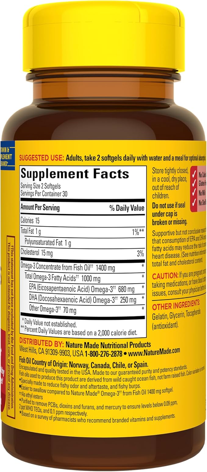 Nature Made Extra Strength Burp Less Fish Oil Omega 3 Supplements 1400 mg Minis, Omega 3 Fish Oil as Ethyl Esters for Healthy Heart Brain Eyes Support, 60 Softgels, 30 Day Supply
