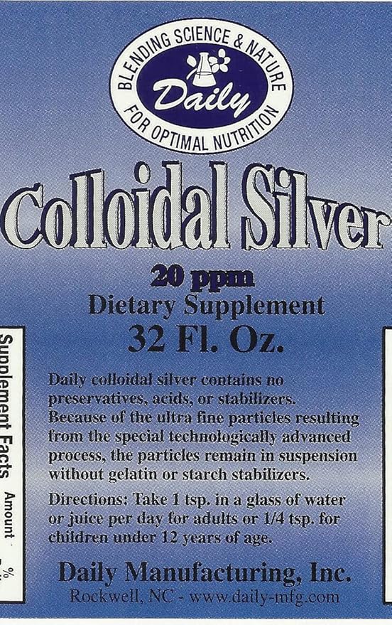 Daily Manufacturing Colloidal Silver (20 ppm - No Preservatives, Acids or Stabilizers) 32 oz Amber Glass Bottles