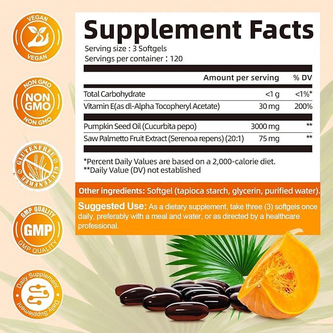Pumpkin Seed Oil with Saw Palmetto Capsules, High Concentrated Pumpkin Seeds Oil Supplement, Cold Pressed, Supports Hair, Urinary, Bladder & Prostate Health, Vegan, Non-GMO, 360 Softgels