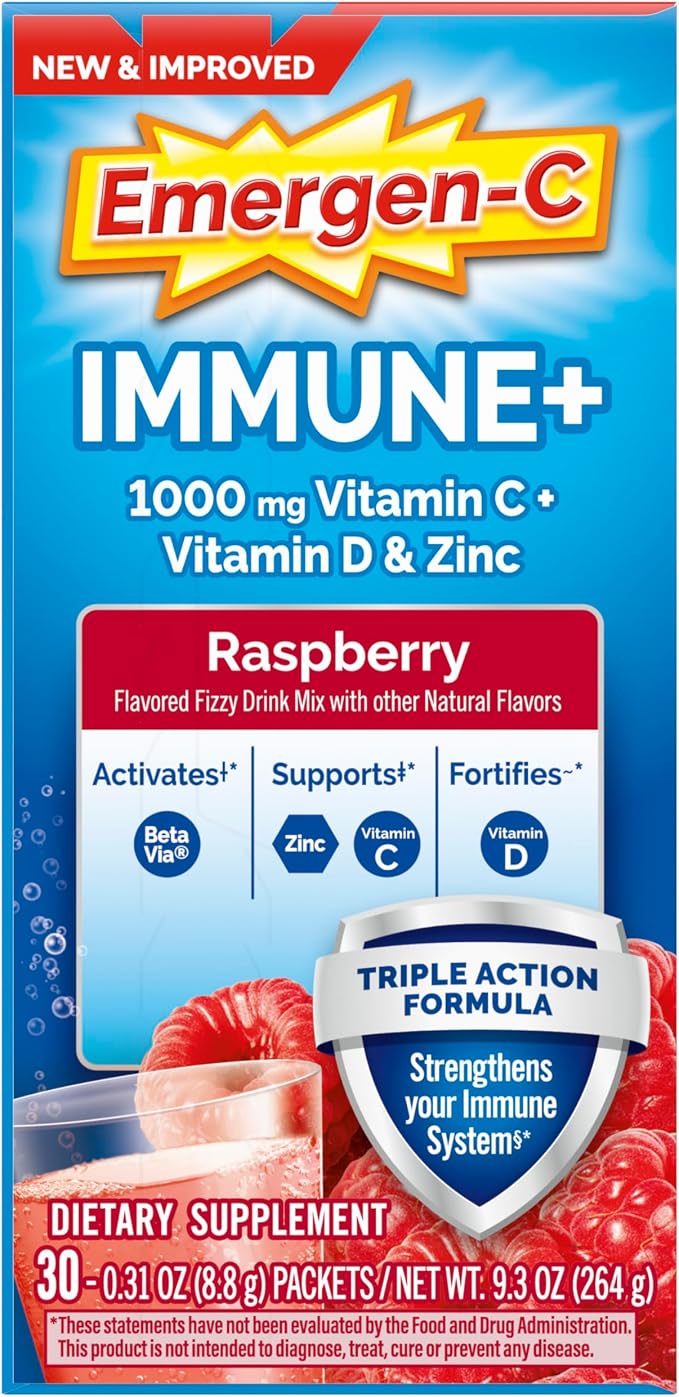 Emergen-C Immune+ Triple Action Immune Support Powder, BetaVia (R), 1000mg Vitamin C, B Vitamins, Vitamin D and Antioxidants, Raspberry – 30 Count