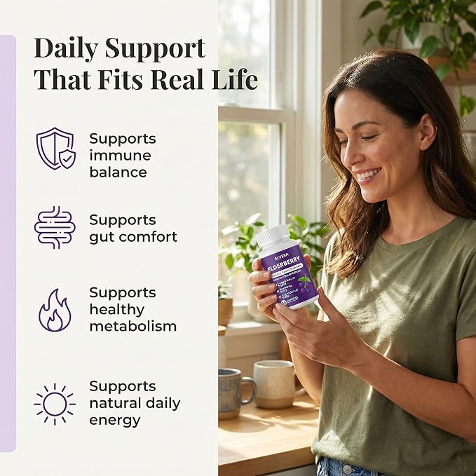 Elderberry - EIvera Gut Support Complex, Organic Black Elderberry Capsules, with Zinc & Vitamin C for Digestive Balance, Immune Support (1)