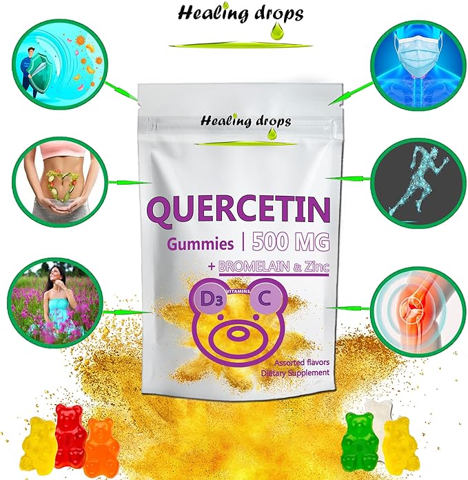 Quercetin with Bromelain Gummies - Vitamin C + Zinc + Vitamin D3 - Quercetin 500mg Gummies for Kids and Adults (3 Packs)