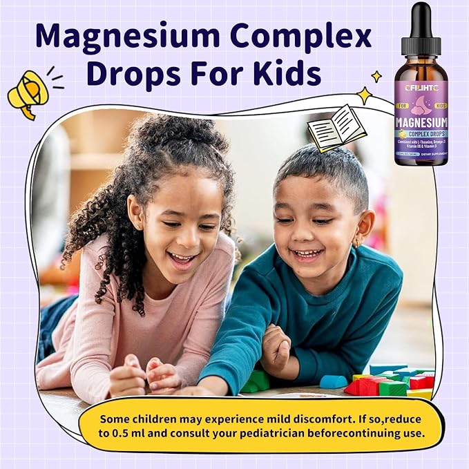 Kids Magnesium Liquid Drops-Magnesium Glycinate Liquid for Kids Supplement-w/L-theanine, Omega-3, Vitamin B6, D3 - for Sleep, Relaxation, Brain, Bones - Lemon Flavor, 4 Fl Oz