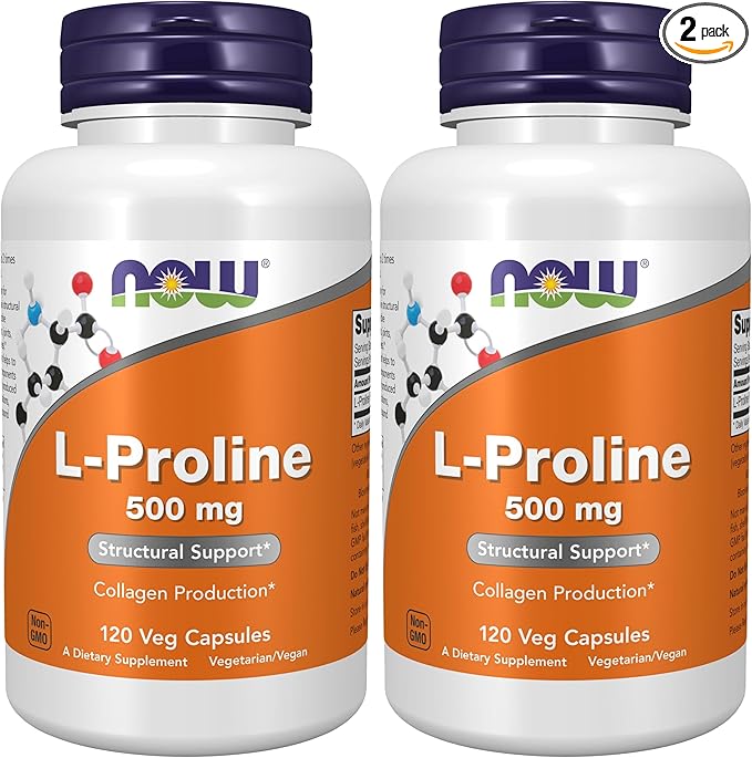 Now Supplements, L-Proline 500 mg, Collagen Production*, Structural Support*, 120 Veg Capsules,(Pack of 2)