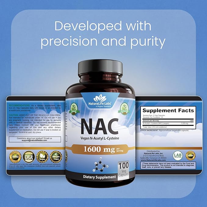 NaturaLife Labs N-Acetyl-L-Cysteine (NAC) 1600 mg – 100 Capsules, Non-GMO & Gluten-Free