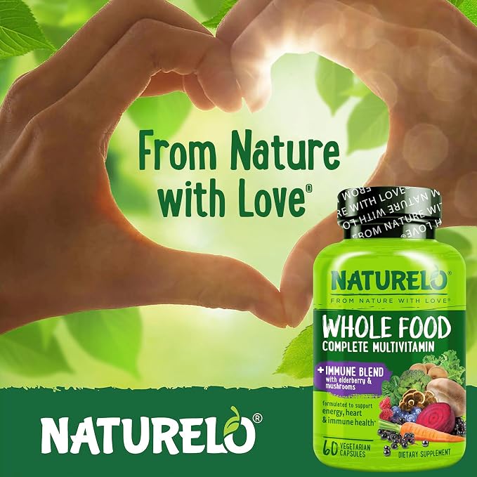 NATURELO Whole Food Multivitamin + Immune Blend with Elderberry & Mushrooms - Complete Multivitamin with Extra Immune Support - C, D3, Zinc, Elderberry, Reishi, Shitake - 60 Vegan Capsules