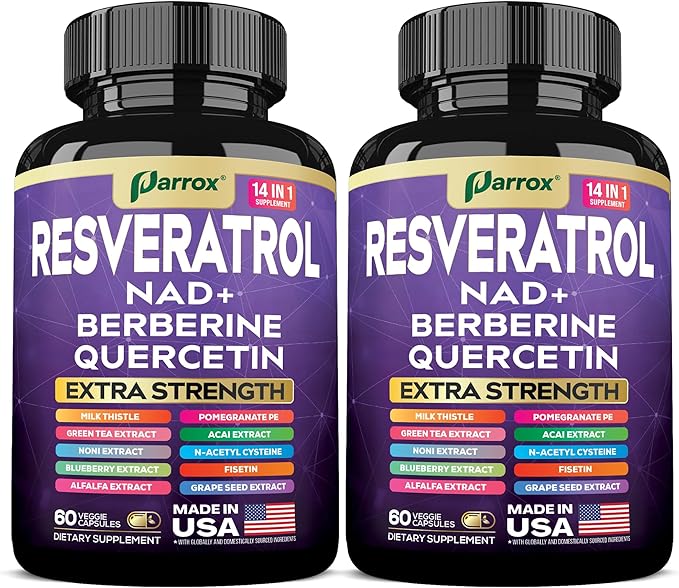 Resveratrol Supplement with Milk Thistle, NAD, Berberine, Quercetin, Fisetin, Pomegranate, Green Tea, Noni, Acai, Blueberry, Grape Seed Extracts, N-Acetyl Cysteine, 14-in-1 Extra Strength (120 Caps)