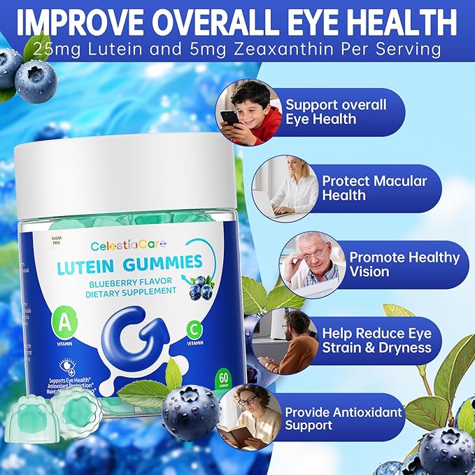 Lutein and zeaxanthin Eye Vitamins Gummies, Bilberry, Astaxanthin, Eye Vitamins for Kids and Adult Vision&Blue Light Support, Overall Eye&Macular Health-60 Count