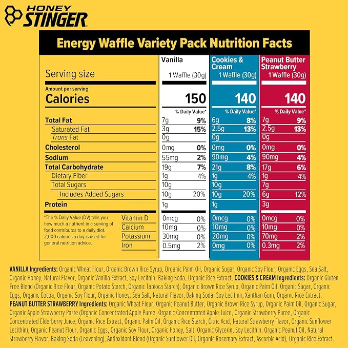 Honey Stinger Organic Energy Waffle Fan Favorites Variety Pack of 18, Vanilla, Cookies and Cream, 6 Pack Each of Peanut Butter Strawberry, Nutritious Stroopwafel Snack for Exercise, Cycling, Running