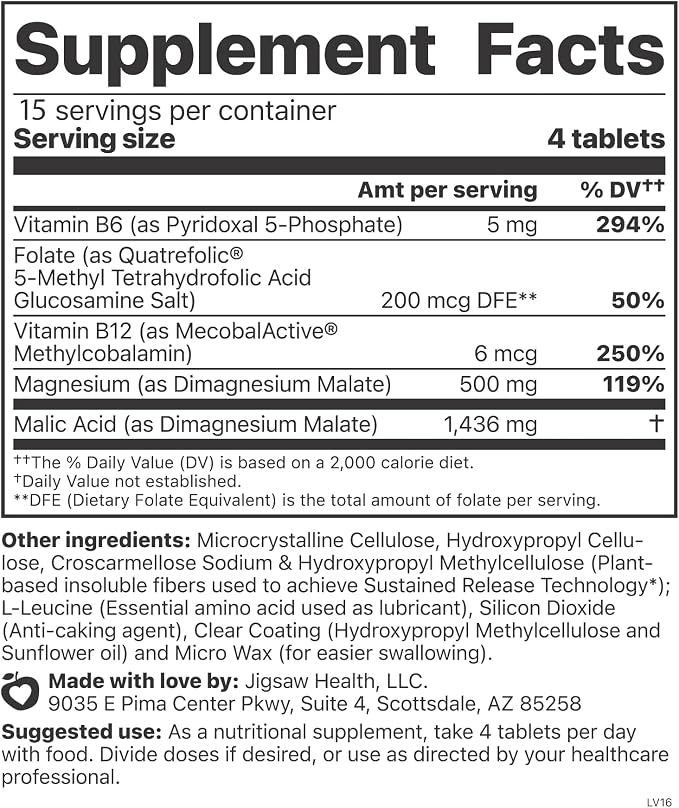 Jigsaw Health MagSRT | Magnesium Supplement with Vitamin B6, Folate & B12 | 60 Tablets | 15 Servings