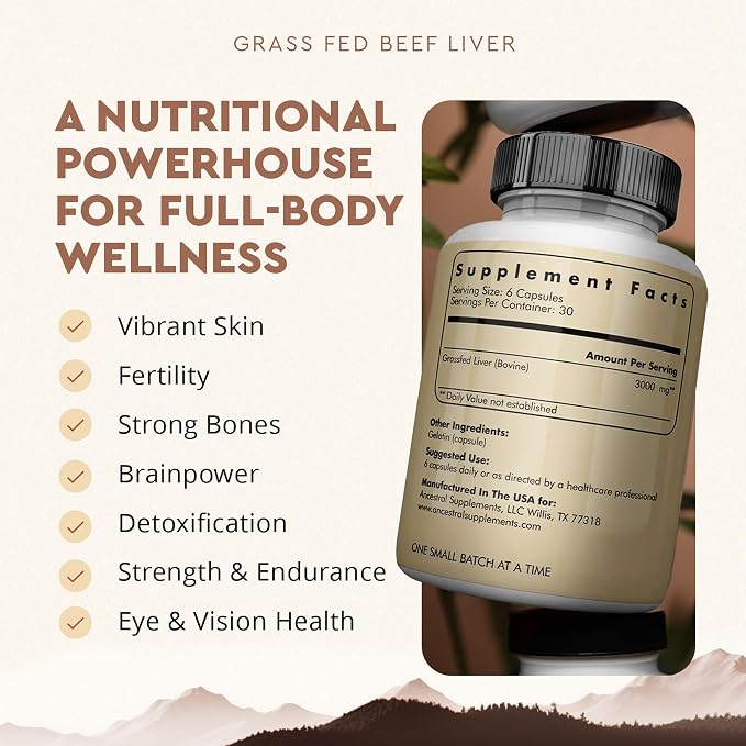 Ancestral Supplements Grass Fed Beef Liver 180 Capsules, Supports Energy Production, Detoxification, Digestion, Immunity and Full Body Wellness, Non-GMO, Freeze Dried Liver Health Supplement