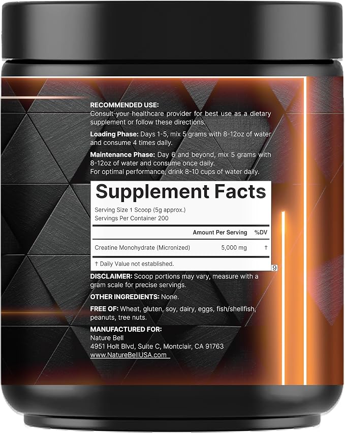 NatureBell Creatine Monohydrate Powder 1,000g, 5,000mg Per Serving, 200 Servings (2.2 lb) | Micronized, Pure & Unflavored | Pre-Workout Muscle Support* | Keto, Vegan, Filler-Free