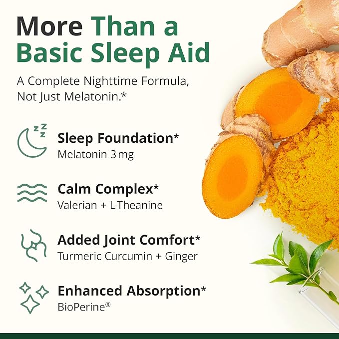 Melatonin 3mg Sleep Aid with L-Theanine & Valerian Root – Turmeric Curcumin Supplement with Ginger & Black Pepper – Organic Turmeric Supplement for Sleep, Calm and Stress Relief Support – 180 Capsules