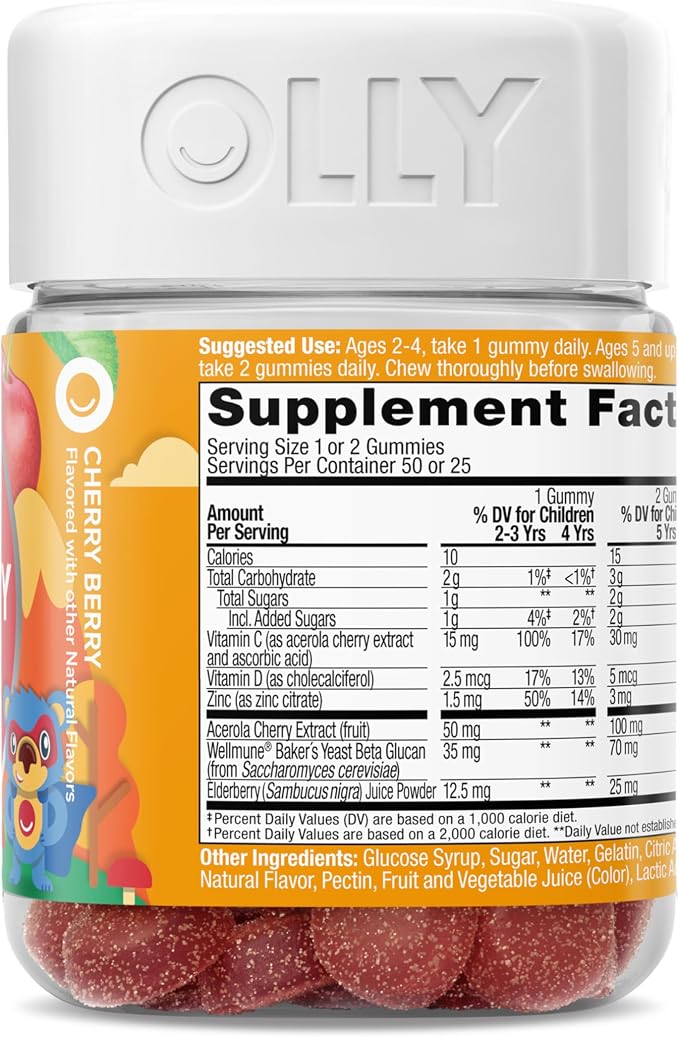 OLLY Kids Immunity Gummy, Immune Support, Wellmune, Elderberry, Vitamin C, Zinc, Chewable Supplement, Cherry - 50 Count