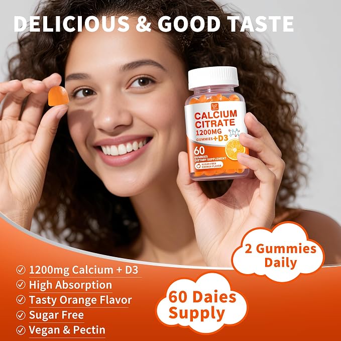 (2 Pack) Calcium Citrate 1200 mg with Vitamin D3 Gummies for Women & Men,Calcium Supplements for Bone & Teeth Support,High Absorption - Easy to Digest, Sugar Free,Vegan,Orange Flavor,60 Day Supply