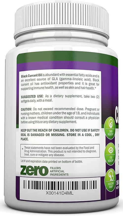 Black Currant Oil - 1000 Mg - 180 Softgels - Cold-Pressed Pure Black Currant Seed Oil - Hexane Free - 140mg GLA Per Serving - Regulates Hormonal Balance - Great For Immune System, Hair and Skin