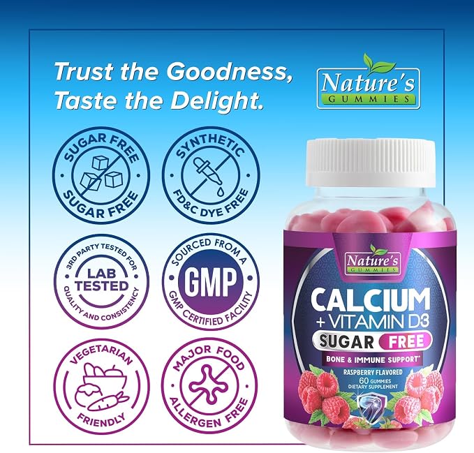 Calcium Supplement Gummies - Sugar Free Calcium Gummy with Vitamin D3 for Best Absorption - Supports Immune Health, Bones & Teeth - Nature's Calcium Chews for Women & Men - Berry Flavor - 60 Gummies