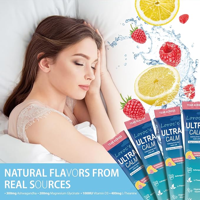UltraCalm Cortisol Drink Mix - Raspberry Lemonade with Ashwagandha, Magnesium Glycinate & L-Theanine Supplement - Sleep and Relaxation Support (2 x 30 Travel Packets)