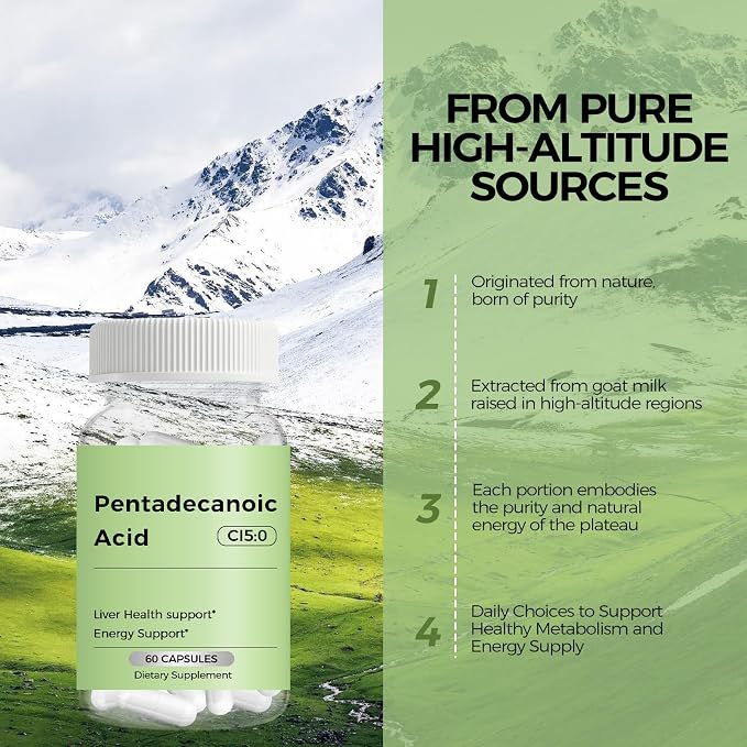 Pentadecanoic Acid, Pentadecanoic Acid Supplement, C15:0 Supplement, Cellular Metabolic Support & Immune System Enhancement, Premium High Altitude Sheep Milk Sourced 60 Capsule 2PCS