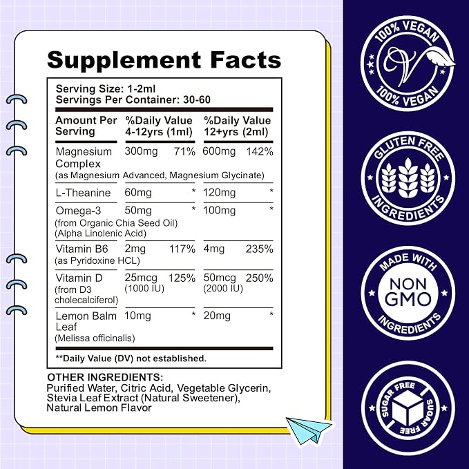 Kids Magnesium Liquid Drops-Magnesium Glycinate Liquid for Kids Supplement-w/L-theanine, Omega-3, Vitamin B6, D3 - for Sleep, Relaxation, Brain, Bones - Lemon Flavor, 4 Fl Oz