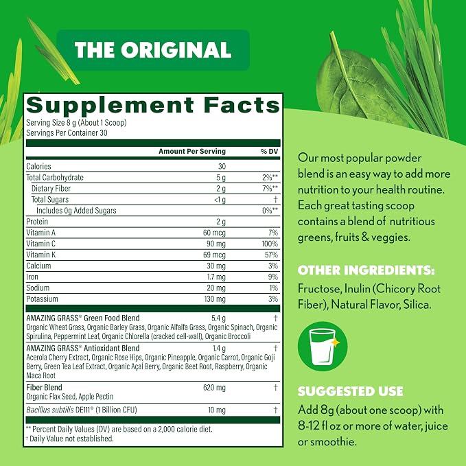 Amazing Grass Greens Blend Superfood: Greens Powder Mix for Energy, with Organic Spirulina, Chlorella, Beet Root Powder, Digestive Enzymes & Probiotics, Original, 30 Servings (Packaging May Vary)