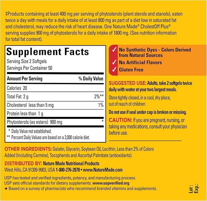 Nature Made CholestOff Plus, Dietary Supplement for Heart Health Support, 100 Softgels, 25 Day Supply