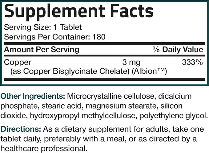 Bronson Copper Glycinate 3mg Chelated Superior Absorption Non-GMO, 180 Vegetarian Tablets