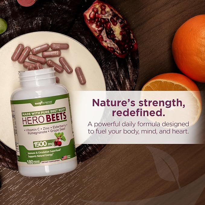 Gade Nutrition Hero Beets - Beet Root Capsules 1500mg - Organic Beet Root Powder + Vitamin C Zinc, Elderberry, Pomegranate, Grape Seed Extract - 3 Months Supply