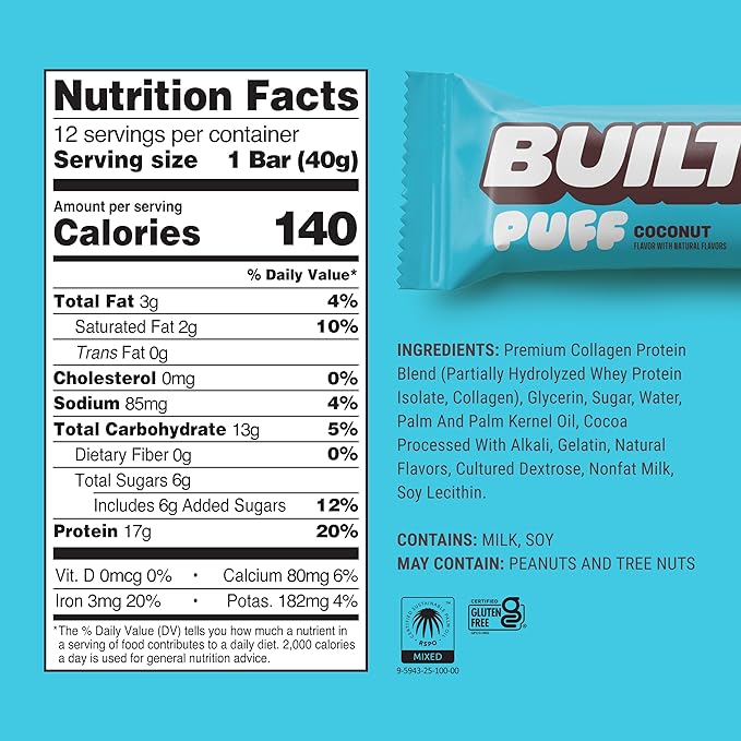 BUILT Puff Protein Bars, Coconut, 17g Protein - 12 Count | Protein Snack Bar with Collagen, Calorie Conscious, Gluten Free