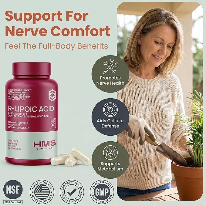 Stabilized R-Lipoic Acid 300 mg per Serving — Pure R Alpha Lipoic Acid (R-ALA) High Potency Active R Isomer Antioxidant Nerve & Metabolism Support — NSF Certified Non-GMO Vegan 60Capsule