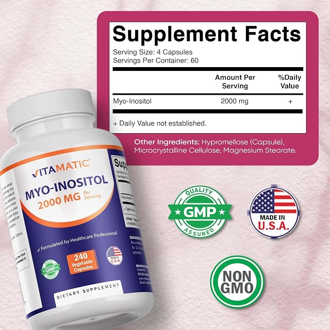 Vitamatic Myo-Inositol 2000 mg Per Serving – 240 Vegetable Capsules – 60 Servings – Non-GMO, Gluten Free – Made in USA